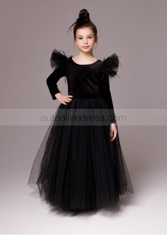 Black Velvet Tulle Gothic Wedding Flower Girl Dress